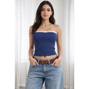 RSQ Tillys Navy Blue Ribbed Lace Trim Tube Top Bow Lettuce Edge Size Small NEW